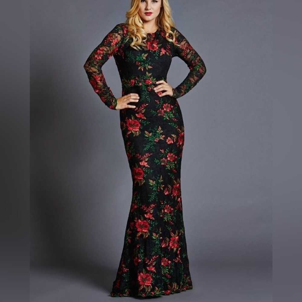 Lotus Threads Long Sleeve Floral Embroidered Gown